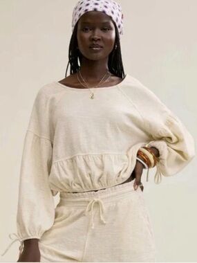 Aerie Endless Summer Crop Oversized Boxy Pullover Sweatshirt Beige Medium